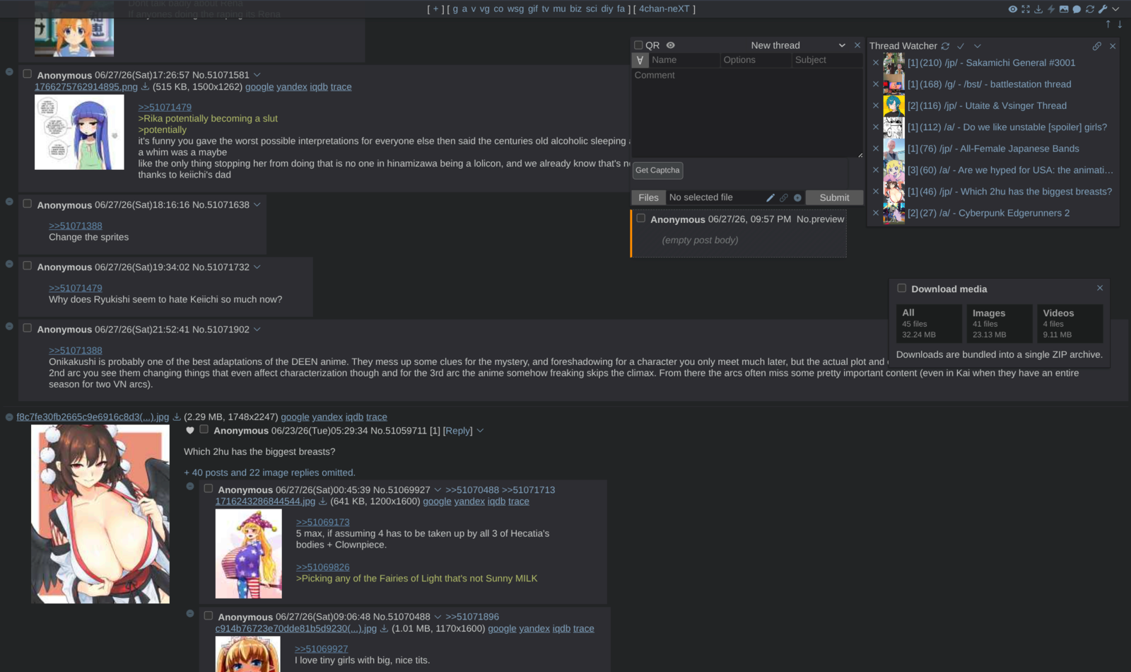 4chan-neXT interface running on a thread, dark theme